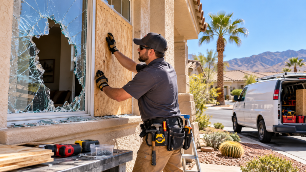 Emergency broken window board-up service in Las Vegas securing a damaged home window after a break-in