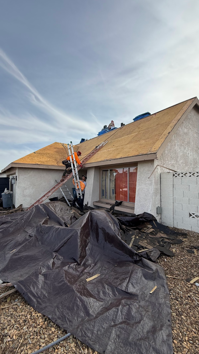 Front roof decking during replacement during the Las Vegas home restoration project.