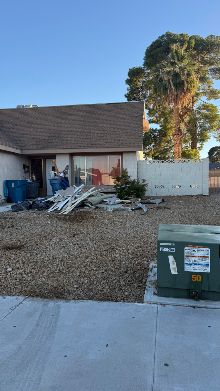 Front yard construction debris during rebuild during the Las Vegas home restoration project.