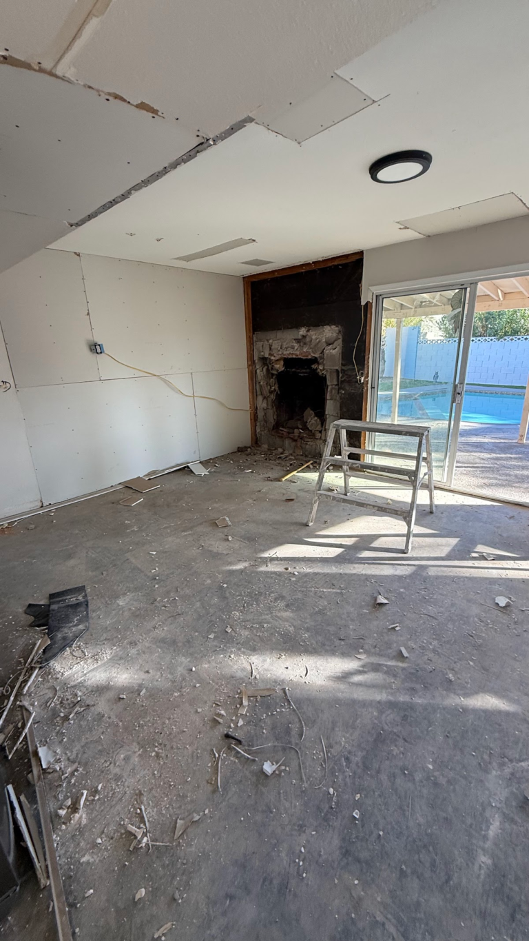 Large ceiling drywall patches during rebuild during the Las Vegas home restoration project.