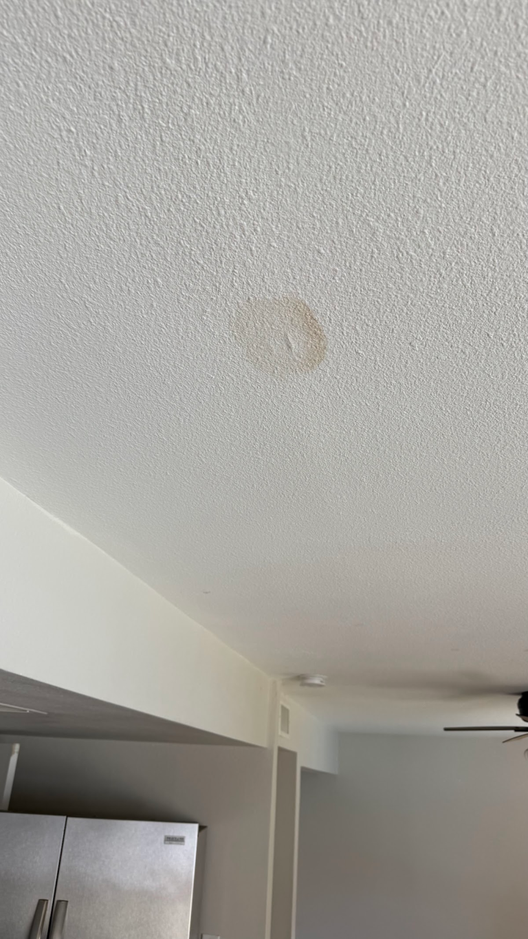 Small water stain on textured ceiling during the Las Vegas home restoration project.