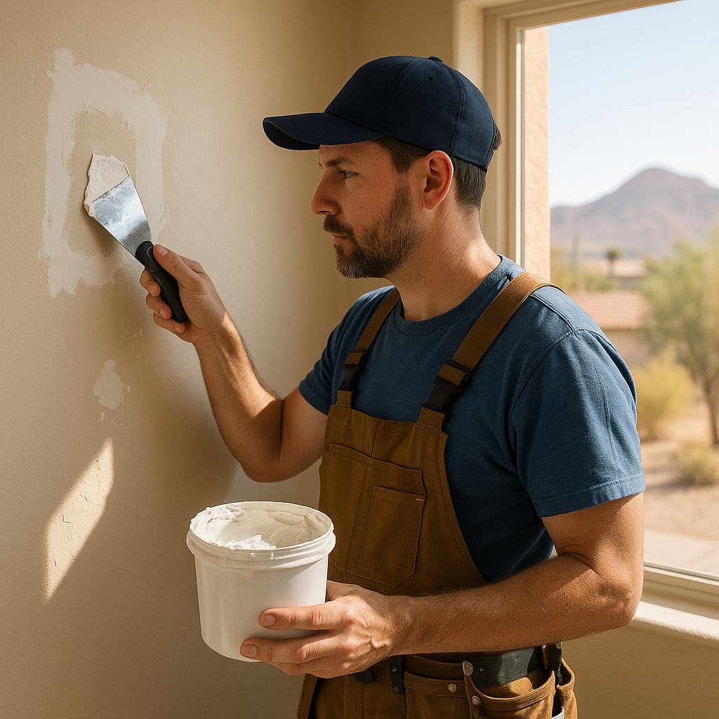 Illustration of a worker smoothing a drywall patch beside a window